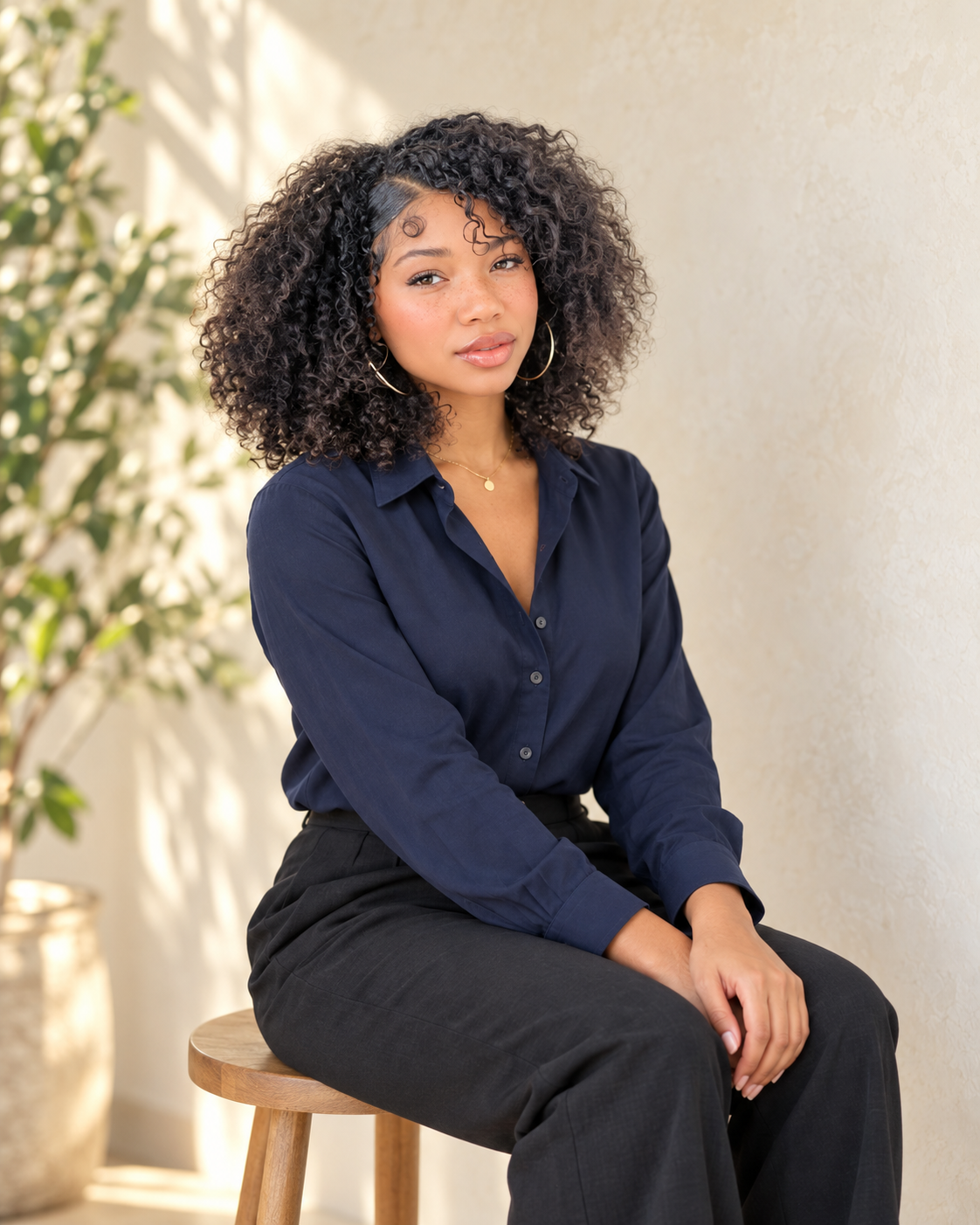 Keyonna seated in a navy shirt with curly hair in a sunlit studio