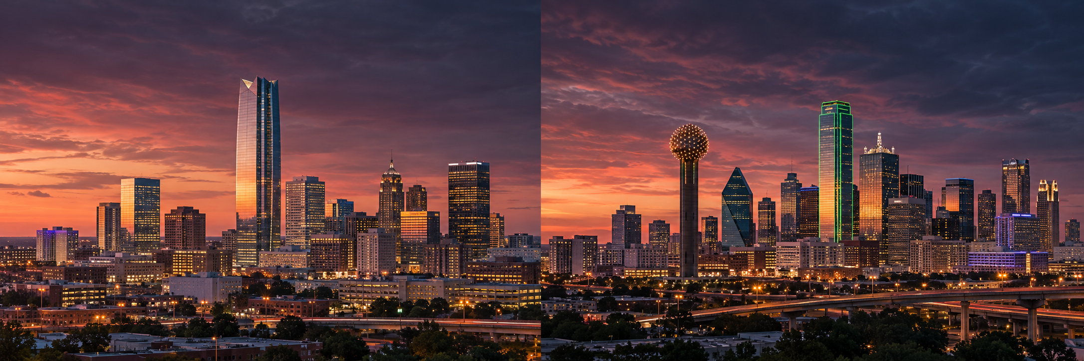 Split skyline composition of downtown Oklahoma City and downtown Dallas